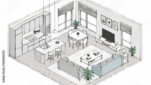 Modern Open Plan Living Room and Kitchen Isometric Sketch.