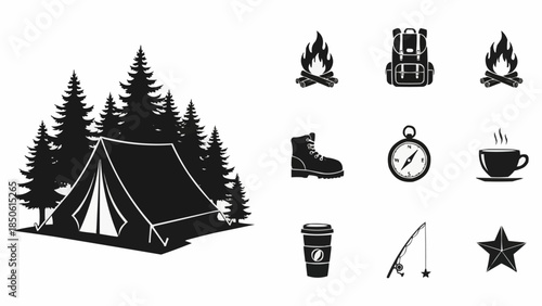 Camping Adventure Icons and Silhouette Scene.