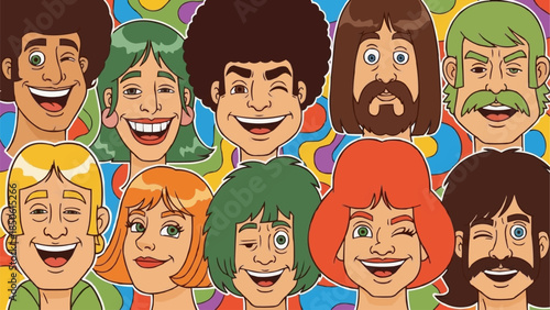 A vibrant cartoon illustration of a diverse group of people with exaggerated features and hairstyles.