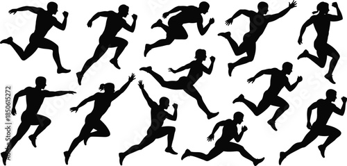 Running athlete silhouettes set, men and women sprinting poses, speed motion, fitness training, sport action illustration