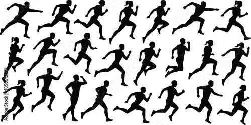 Running people silhouettes set, male and female athletes sprinting, fitness motion poses, speed, endurance, training illustration