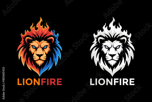 Lion Fire Mascot Logo Set with Colorful and Black White Version