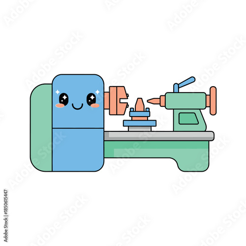 A cartoon metal workpiece being machined on a lathe machine, viewed from the side