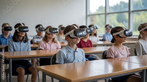 children wearing virtual reality headsets in classroom
