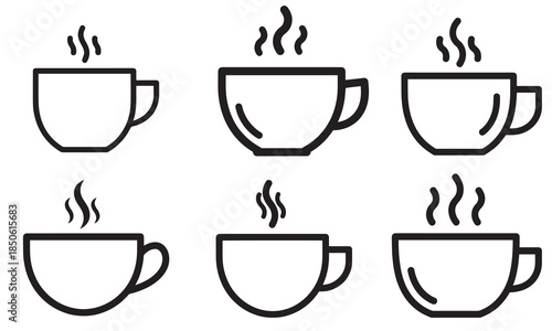 Different variations of hot coffee cup line icons suitable for web and app design
