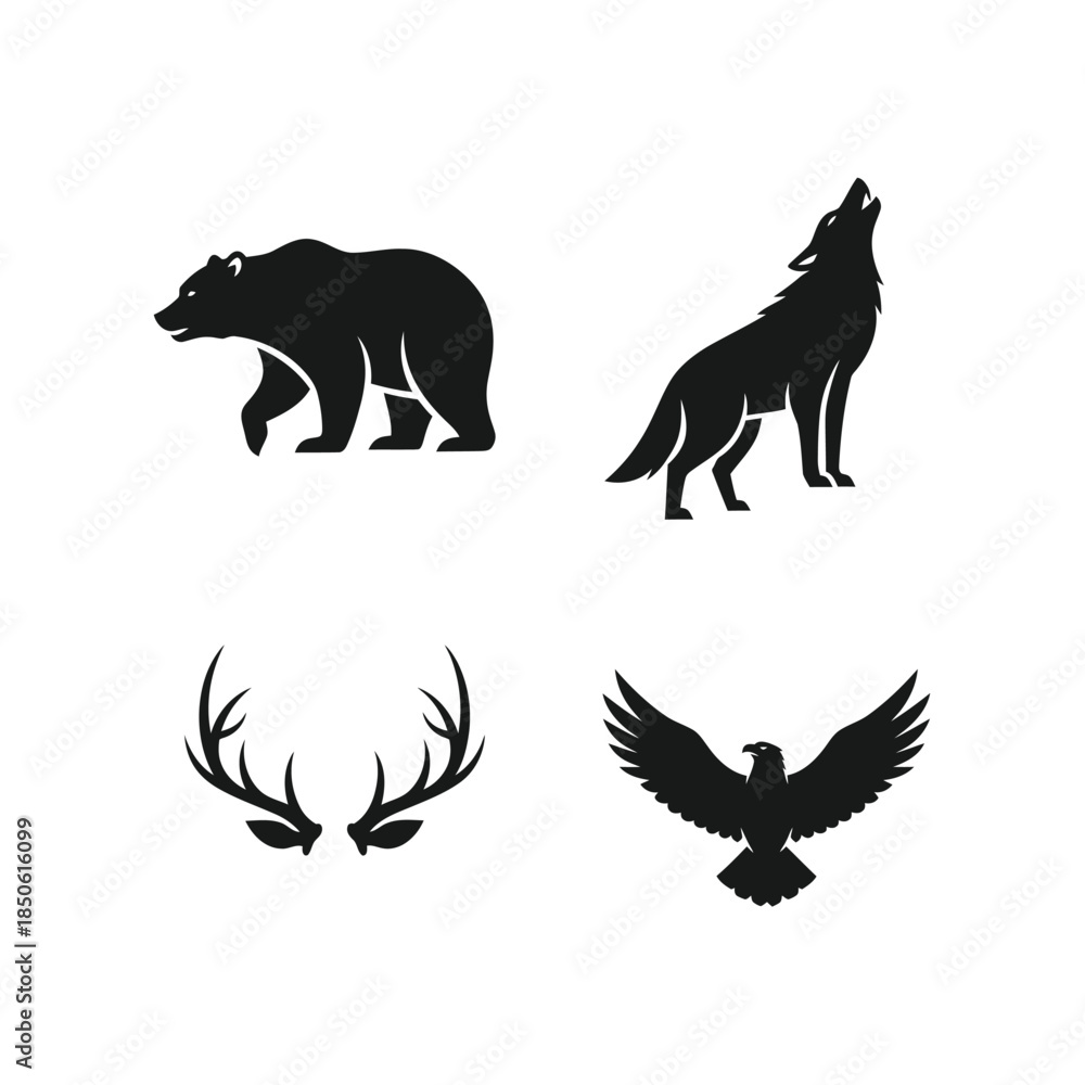Obraz premium Collection of Silhouette Wildlife Icons Including Bear Wolf Eagle and Antlers.