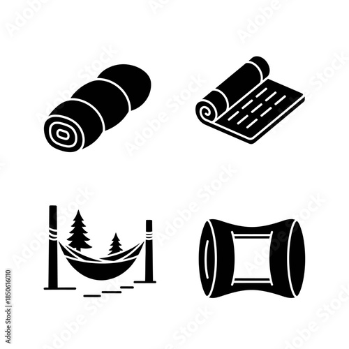 Camping Gear Icons Set Sleeping Bag Hammock Mat Pillow.