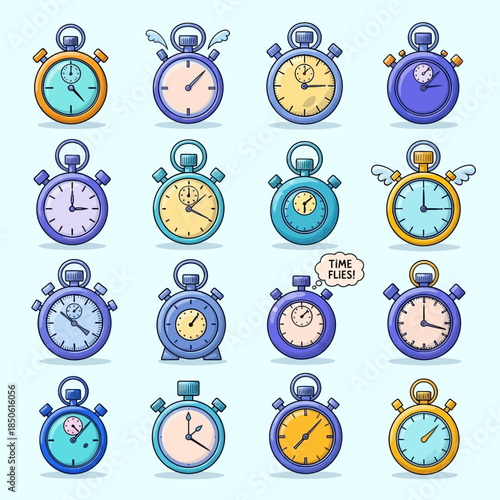 Collection of various colorful alarm clocks.