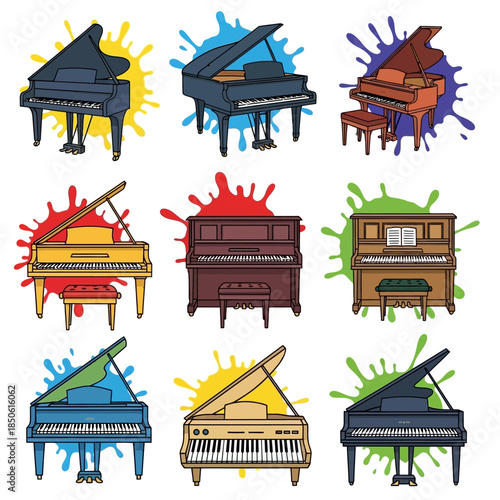 Collection of various colorful pianos.