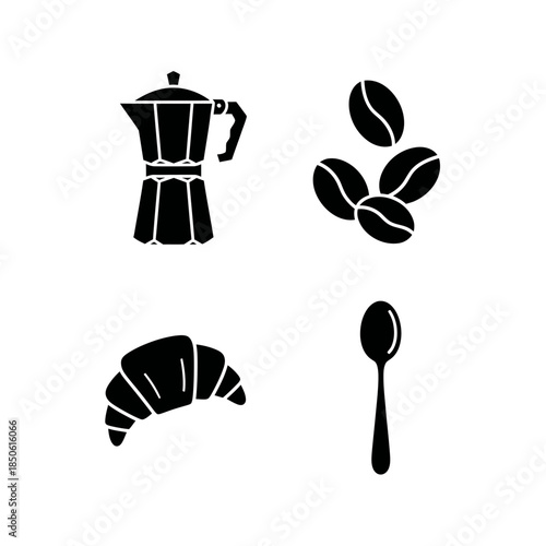 Coffee break icons including moka pot croissant beans and spoon.