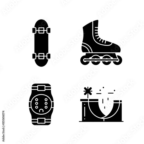 Collection of extreme sports equipment and accessories icons.