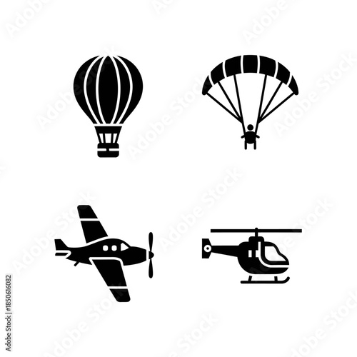 Collection of Four Black Icons Representing Different Modes of Air Travel.