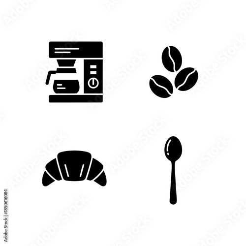 Coffee Maker Beans Croissant and Spoon Icons.