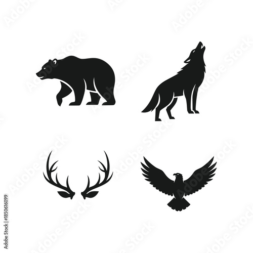 Collection of Silhouette Wildlife Icons Including Bear Wolf Eagle and Antlers.
