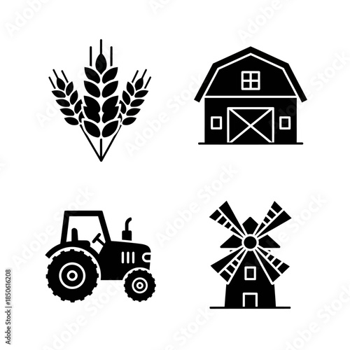 Set of four black farm icons including wheat barn tractor and windmill.