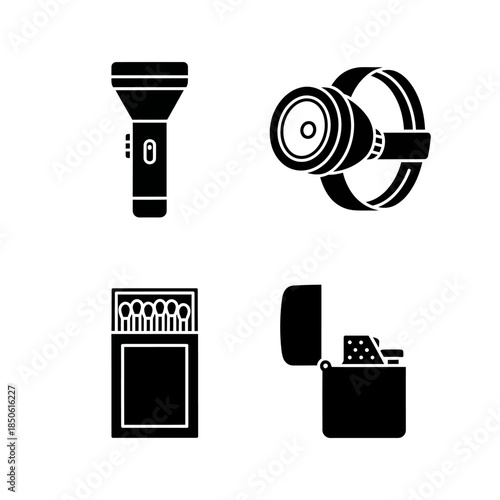 Set of four black icons representing light and fire sources.