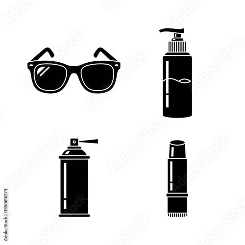 Set of four black icons representing summer essentials.