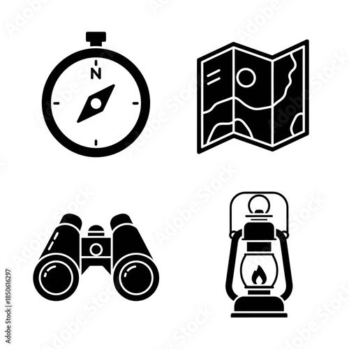 Set of four camping and adventure icons including compass map binoculars and lantern.