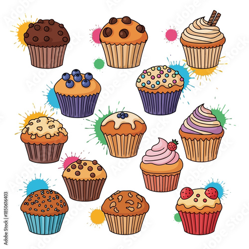 Colorful cupcakes with various toppings.