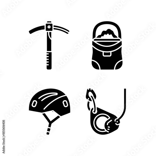 Set of mountaineering and climbing equipment icons.