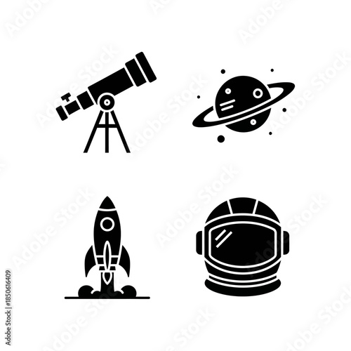 Space exploration icons including telescope rocket planet and astronaut helmet.