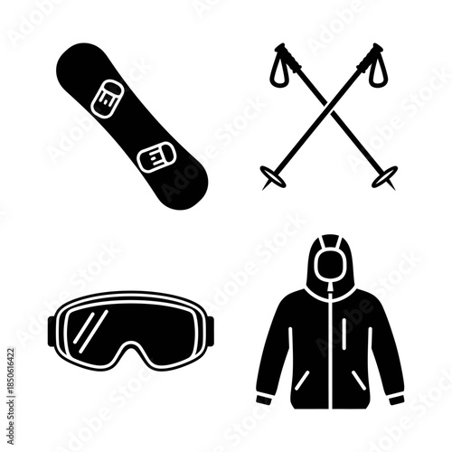 Winter Sports Equipment Icons Set Snowboarding Gear Collection.