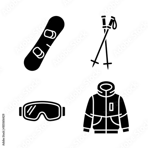 Winter Sports Equipment Set Snowboard Goggles Jacket Poles.