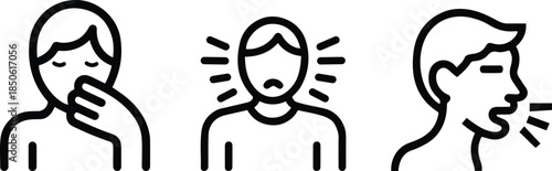Human Reaction and Expression Line Icon Set – Thinking, Stress, and Speech Outline Symbols