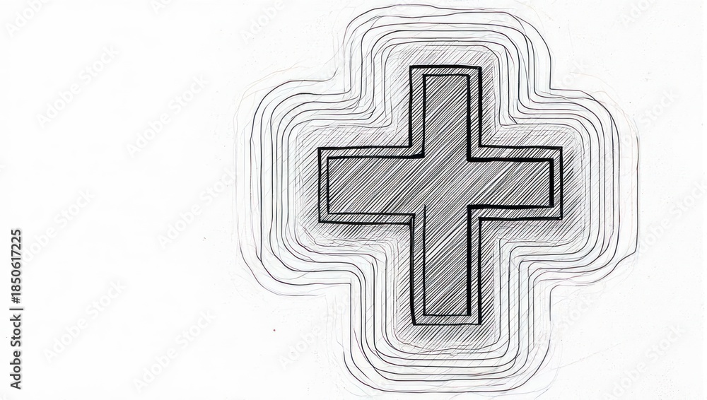 Obraz premium Grey cross symbol with radiating lines, hand-drawn sketch effect.