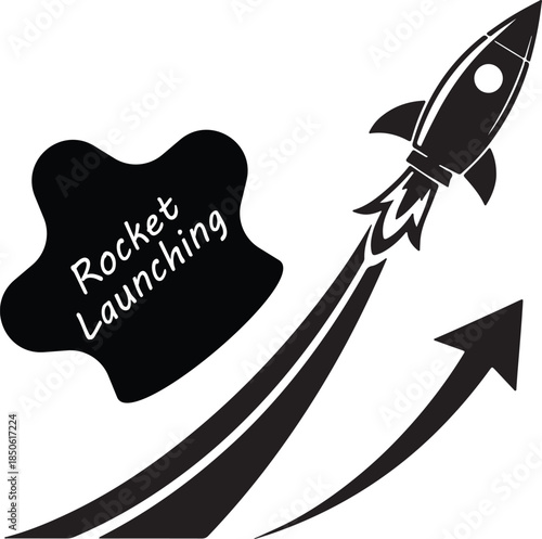 Rocket shaped like an arrow launching upward, startup growth and marketing acceleration icon, vector silhouette