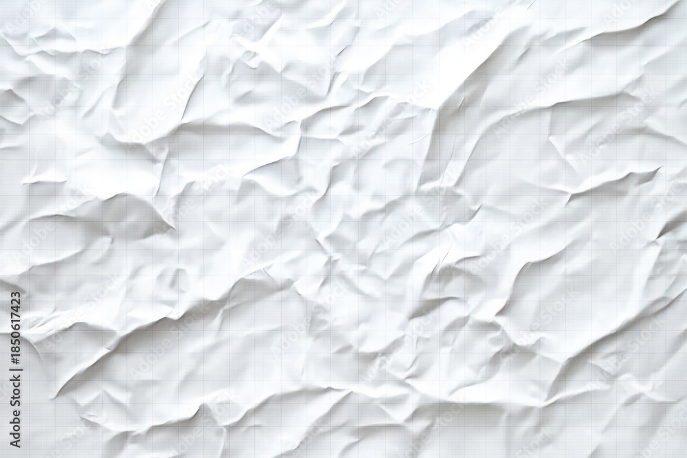 Fototapeta premium crumpled white graph paper sheet with faint grid lines, deep creases and soft shadows, wrinkled texture conveying frustration and discarded feeling