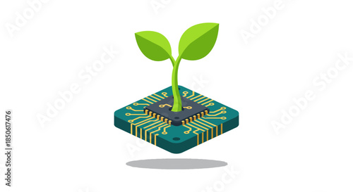 green plant sprout growing from computer microchip symbolizing sustainable technology eco innovation and green energy concept