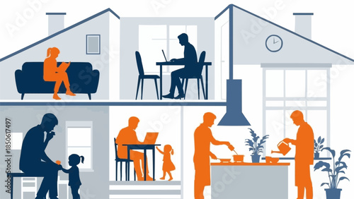 Diverse family members engaged in various home activities together.