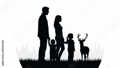 Silhouette Family With Deer In Nature.