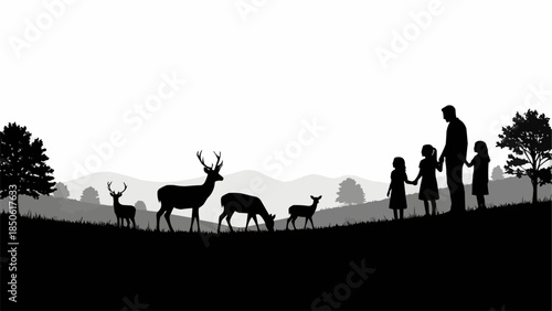 Family enjoying a peaceful encounter with deer in a natural landscape silhouette.