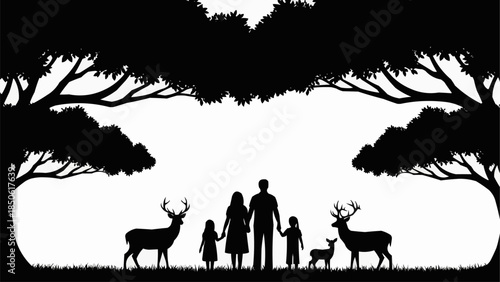 Family with Deer in Silhouette under Trees.
