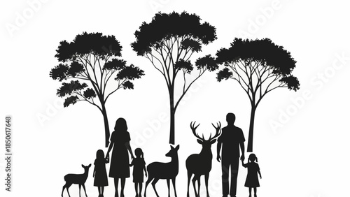 Family enjoying nature with deer and trees silhouette.