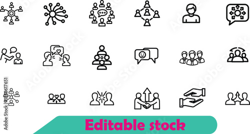 Set of black and white representing various social and teamwork concepts collaboration