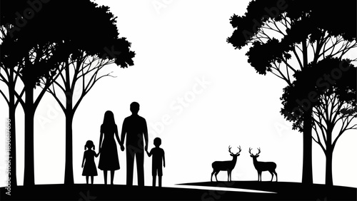 Family enjoying nature with deer in the background.
