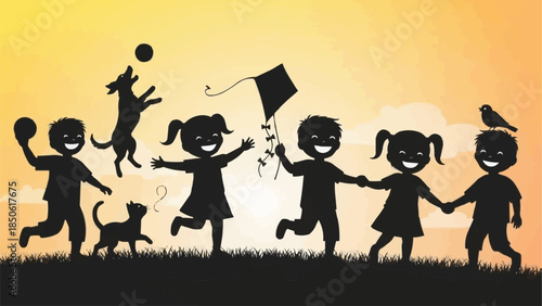 Children playing with pets and kite at sunset silhouette.