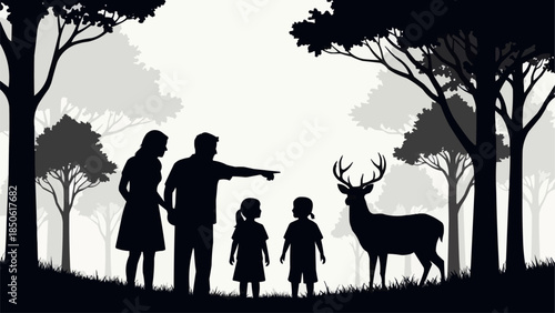 Family observes a deer in a forest setting.