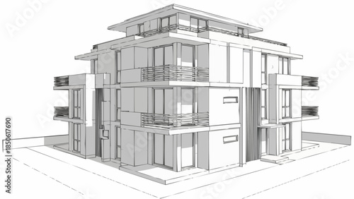 Modern Architectural Building Sketch with Glass Facades and Balconies.