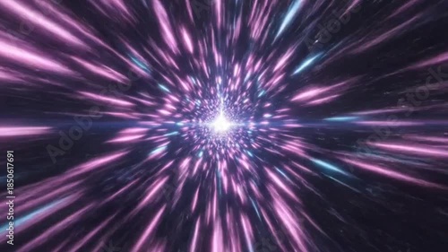 A first-person perspective rushing through a futuristic wormhole. Sharp magenta and cyan light rays fan outward from a central vanishing point, creating aggressive cosmic speed trails. The rays pulse 
