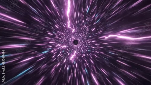 A first-person perspective rushing through a futuristic wormhole. Sharp magenta and cyan light rays fan outward from a central vanishing point, creating aggressive cosmic speed trails. The rays pulse 