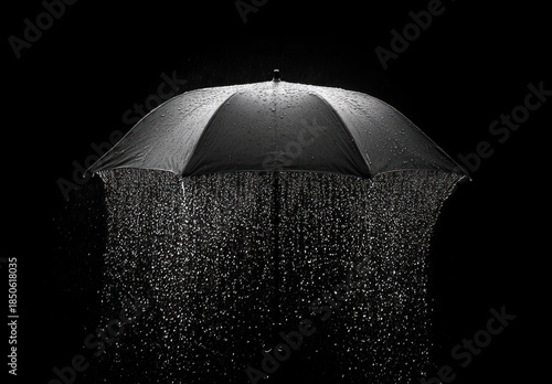 single open umbrella with rain pouring off its edges in dramatic monochrome, evoking solitude and quiet resilience