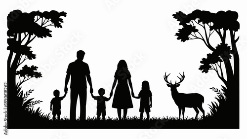 Family Silhouette with Deer in Nature Scene.
