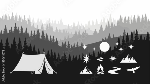 Camping Adventure Elements with Tent and Nature Icons.