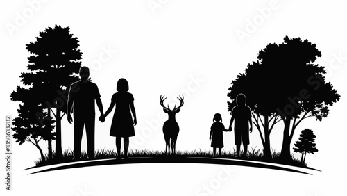 Silhouette of a family with a deer in a park.