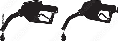 Two black gas pump nozzles dripping fuel icons isolated on white background