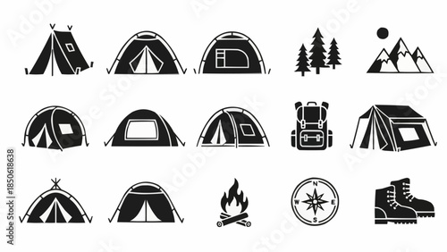Collection of camping and outdoor adventure icons and illustrations.
